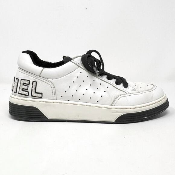 Chanel Logo Perforated Leather Sneakers White Black Lace-Up EU 38 - Picture 3 of 9